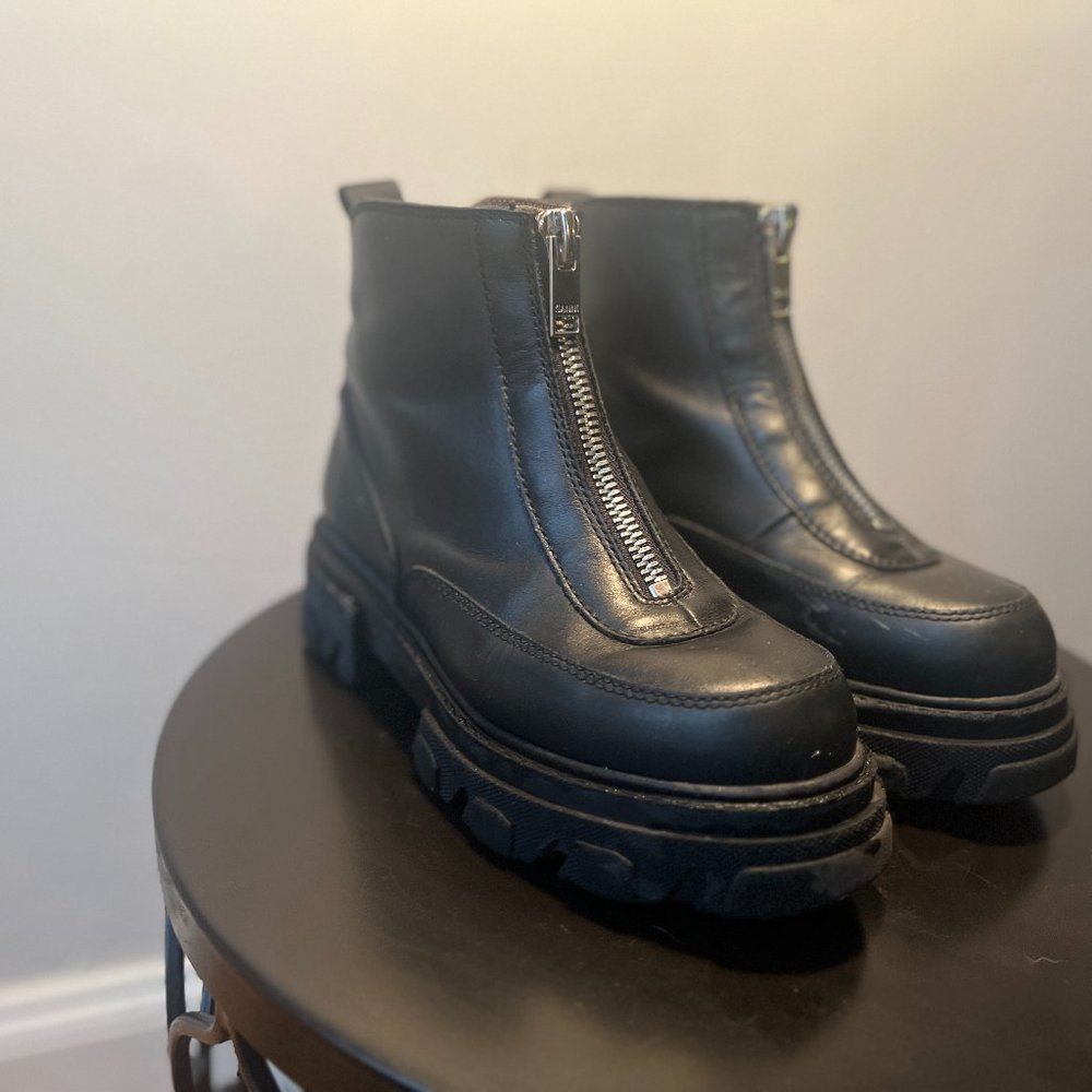 Ganni Black Leather Zip Boots - Size 38 (IT), 8 (USA)